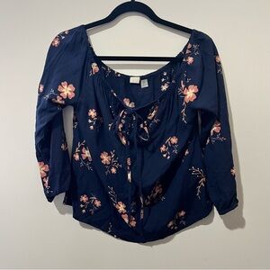 Roxy Womens Top L Blue Floral Off The Shoulder Scoop Neck Long Sleeve Pullover